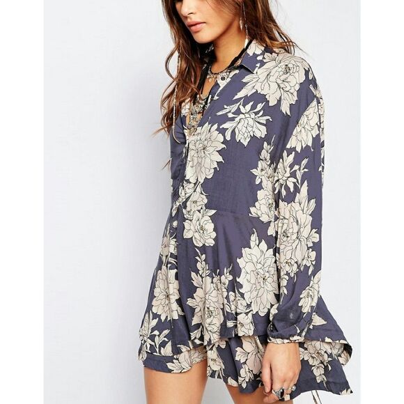 New! FREE PEOPLE Women's 70's Style Floral Double-hem Mini Shirt Dress Size XS - Picture 4 of 5